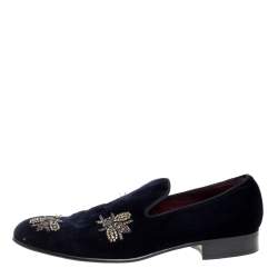 Pre Owned Dolce and Gabbana Navy Blue Velvet Bee Embellished Smoking Slippers Size 43