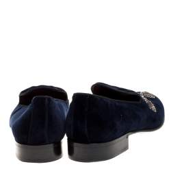 Pre Owned Dolce and Gabbana Navy Blue Velvet Bee Embellished Smoking Slippers Size 43
