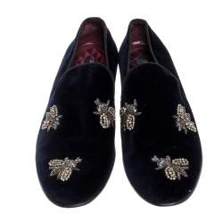 Pre Owned Dolce and Gabbana Navy Blue Velvet Bee Embellished Smoking Slippers Size 43