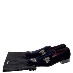 Pre Owned Dolce and Gabbana Navy Blue Velvet Bee Embellished Smoking Slippers Size 43