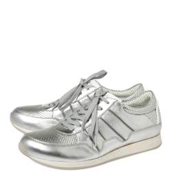 مملوكة مسبقًا Dolce & Gabbana Metallic Silver Perforated Leather Lace Up Low Top Sneakers Size 43