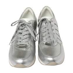 مملوكة مسبقًا Dolce & Gabbana Metallic Silver Perforated Leather Lace Up Low Top Sneakers Size 43