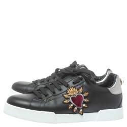 Pre Owned Dolce and Gabbana Black Leather Heart Low Top Sneakers Size 43.5