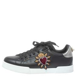 Pre Owned Dolce and Gabbana Black Leather Heart Low Top Sneakers Size 43.5
