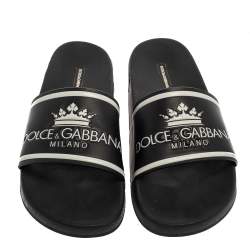 Dolce & Gabbana Black Leather Crown Logo Slip On Slides Size 43