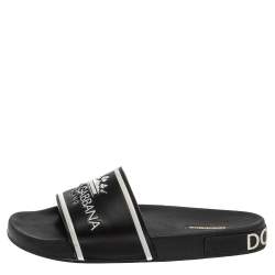 Dolce & Gabbana Black Leather Crown Logo Slip On Slides Size 43