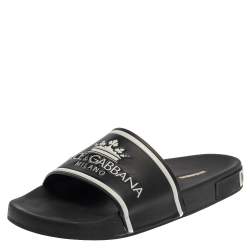 Dolce & Gabbana Black Leather Crown Logo Slip On Slides Size 43