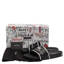 Dolce & Gabbana Black Leather Crown Logo Slip On Slides Size 43