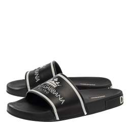 Dolce & Gabbana Black Leather Crown Logo Slip On Slides Size 43