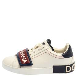 Pre Owned Dolce & Gabbana White/Brown Leather Logo Velcro Strap Sneakers Size 40