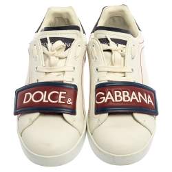 Pre Owned Dolce & Gabbana White/Brown Leather Logo Velcro Strap Sneakers Size 40