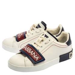 Pre Owned Dolce & Gabbana White/Brown Leather Logo Velcro Strap Sneakers Size 40