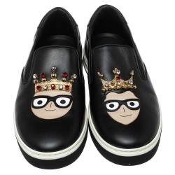 Pre Owned Dolce & Gabbana Black Leather Family Slip On Sneakers Size 42