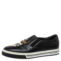 Pre Owned Dolce & Gabbana Black Leather Family Slip On Sneakers Size 42