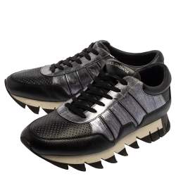 مملوكة مسبقًا Dolce & Gabbana Black/Silver Perforated Leather And Suede Sorrento Lace Up Sneakers Size 43