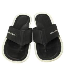 Pre Owned Dolce & Gabbana Black Nylon And Leather Thong Flat Sandals Size 42