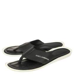 Pre Owned Dolce & Gabbana Black Nylon And Leather Thong Flat Sandals Size 42