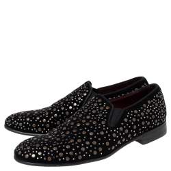 Pre Owned Dolce & Gabbana Black Velvet Crystal Studded Loafers Size 42