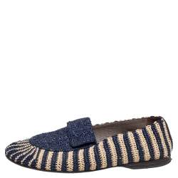 Pre Owned Dolce & Gabbana Blue-Beige Woven Fabric And Leather Smoking Slippers Size 41