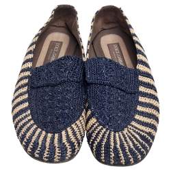 Pre Owned Dolce & Gabbana Blue-Beige Woven Fabric And Leather Smoking Slippers Size 41