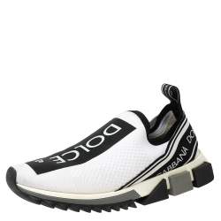 Pre Owned Dolce & Gabbana White/Black Stretch Fabric Logo Sorrento Slip On Sneakers Size 42