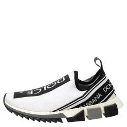 Pre Owned Dolce & Gabbana White/Black Stretch Fabric Logo Sorrento Slip On Sneakers Size 42