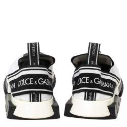 Pre Owned Dolce & Gabbana White/Black Stretch Fabric Logo Sorrento Slip On Sneakers Size 42