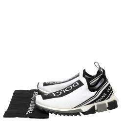 Pre Owned Dolce & Gabbana White/Black Stretch Fabric Logo Sorrento Slip On Sneakers Size 42