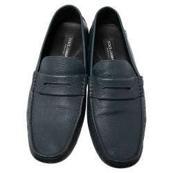 Pre Owned Dolce & Gabbana Dark Teal Blue Leather Genova Loafers Size 44
