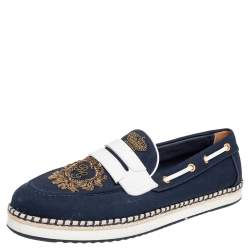 مملوكة مسبقًا Dolce & Gabbana Navy Blue/White Canvas and Leather Botticelli Embroidered Loafers Size 44