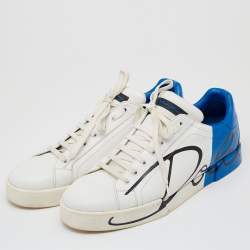 Pre Owned Dolce & Gabbana White/Blue Leather Portofino Sneakers Size 44 
