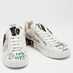 Pre Owned Dolce & Gabbana White Leather Pearl And Stud Embellished  Lace Up Sneakers Size 40.5