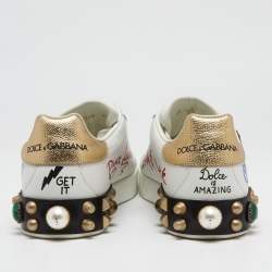 Pre Owned Dolce & Gabbana White Leather Pearl And Stud Embellished  Lace Up Sneakers Size 40.5