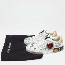 Pre Owned Dolce & Gabbana White Leather Pearl And Stud Embellished  Lace Up Sneakers Size 40.5