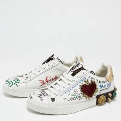 Pre Owned Dolce & Gabbana White Leather Pearl And Stud Embellished  Lace Up Sneakers Size 40.5