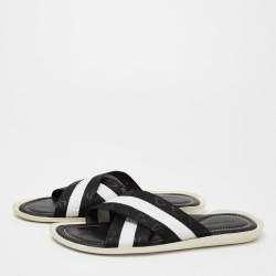 Dolce & Gabbana Black/White Canvas Cross Strap Flat Slides Size 41
