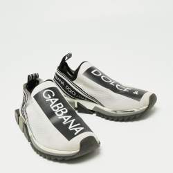 Pre Owned Dolce & Gabbana White/Black Knit Fabric Logo Sorrento Slip On Sneakers Size 41 