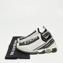 Pre Owned Dolce & Gabbana White/Black Knit Fabric Logo Sorrento Slip On Sneakers Size 41 