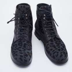 Dolce & Gabbana Grey/Black Leopard Print Calf Hair And Leather Combat Boots Size 42.5
