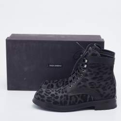 Dolce & Gabbana Grey/Black Leopard Print Calf Hair And Leather Combat Boots Size 42.5