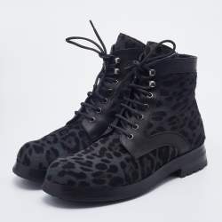 Dolce & Gabbana Grey/Black Leopard Print Calf Hair And Leather Combat Boots Size 42.5