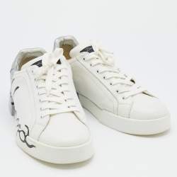 Pre Owned Dolce & Gabbana White/Silver Logo Printed Leather Low Top Sneakers Size 43