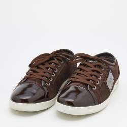 Pre Owned Dolce & Gabbana Dark Brown Suede And Patent Leather Logo Plague Low Top Sneakers Size 42