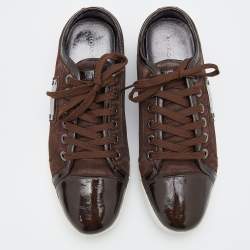 Pre Owned Dolce & Gabbana Dark Brown Suede And Patent Leather Logo Plague Low Top Sneakers Size 42