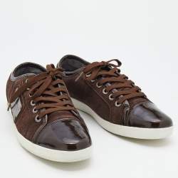 Pre Owned Dolce & Gabbana Dark Brown Suede And Patent Leather Logo Plague Low Top Sneakers Size 42