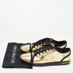 Pre Owned Dolce & Gabbana Gold Leather Logo Plaque Low Top Sneakers Size 41.5 