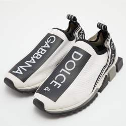 Pre Owned Dolce & Gabbana White/Black Logo Print Knit Fabric Sorrento Sneakers Size 43.5