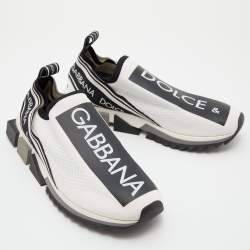 Pre Owned Dolce & Gabbana White/Black Logo Print Knit Fabric Sorrento Sneakers Size 43.5