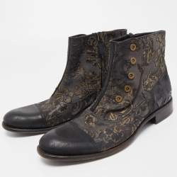 Dolce & Gabbana Black/Grey Nubuck Floral Leather Ankle Boots Size 43