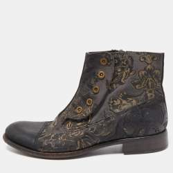 Dolce & Gabbana Black/Grey Nubuck Floral Leather Ankle Boots Size 43